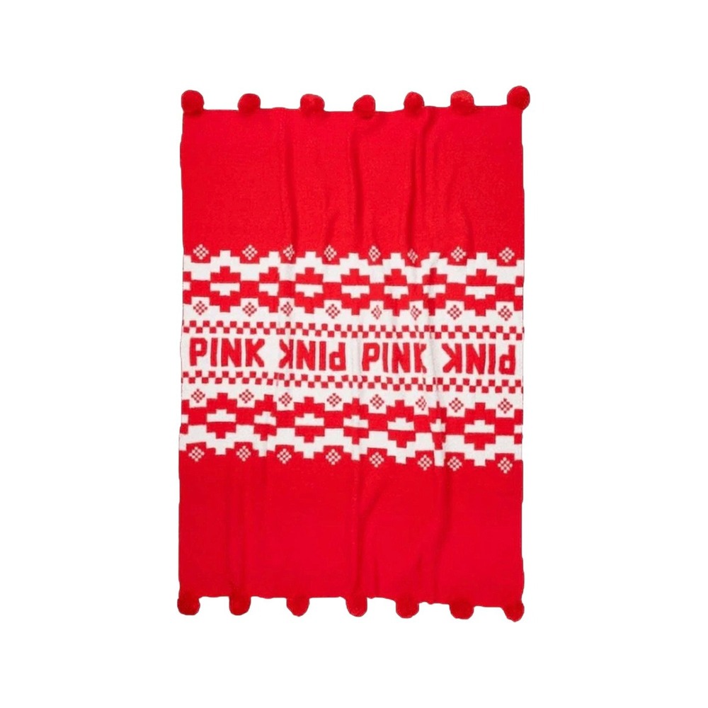 Victoria's Secret PINK Throw Blanket Unisex OS Red Excellent Fair Isle Pom Pom